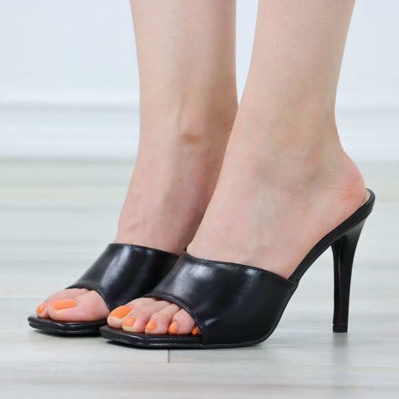 Black High Heel Sandals Square Open Toe Slip On Mules Stiletto's - Picture 4 of 11
